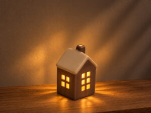 CASA LED PORCELANA 9CM BLANCO/MARRON