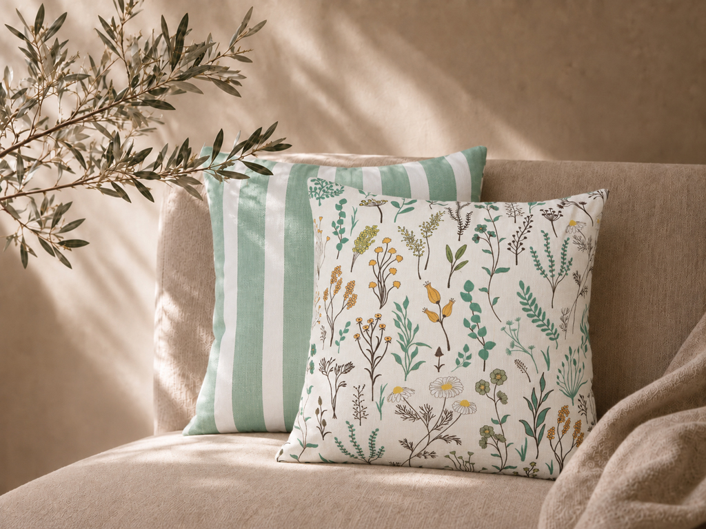 COJIN FLORES RAYAS VERDES 45X45 COMPLETO