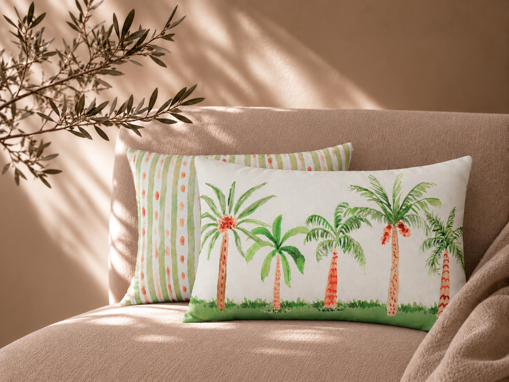 COJIN PALMERAS RAYAS VERDES 30X50 COMPLETO
