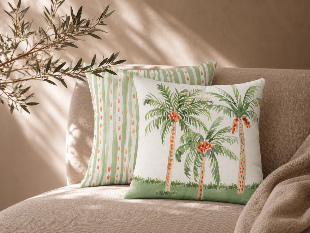 COJIN PALMERAS RAYAS VERDES 45X45 COMPLETO