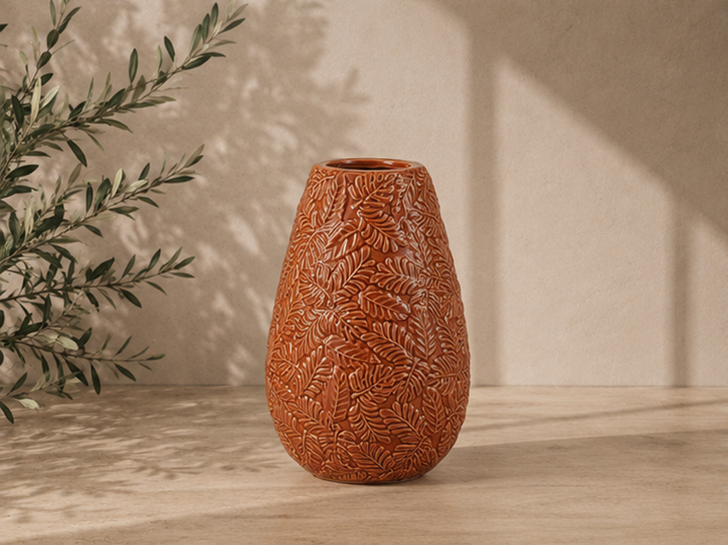 JARRON CERAMICA HOJAS 17X27 NARANJA