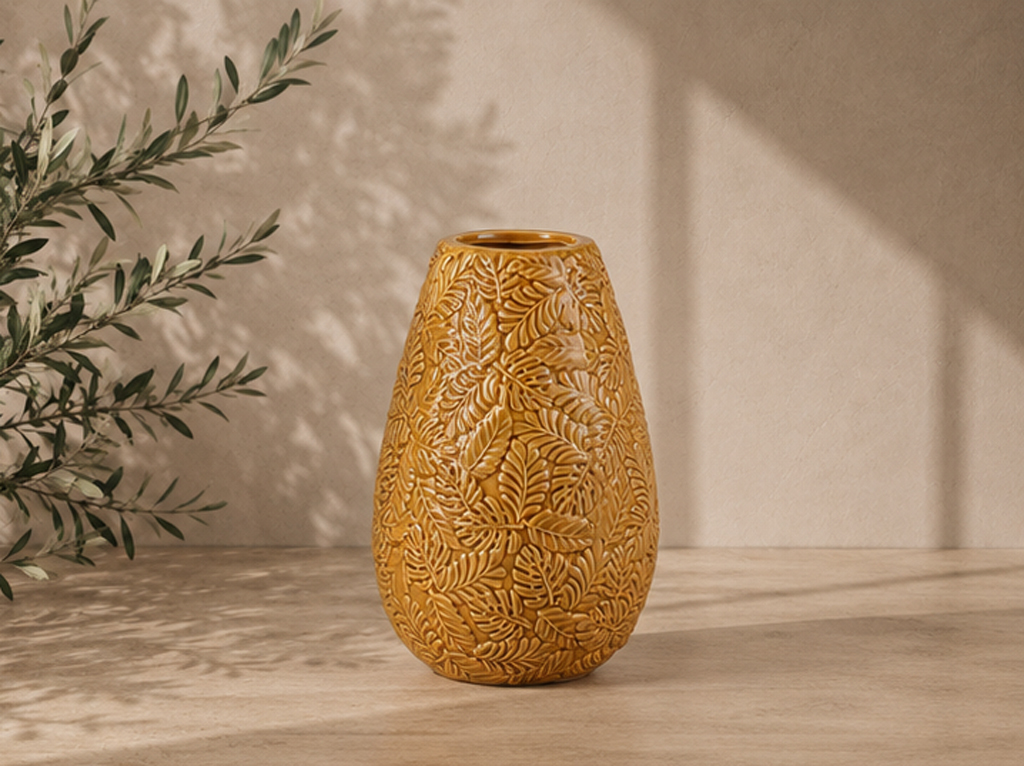 JARRON CERAMICA HOJAS 17X27 OCRE