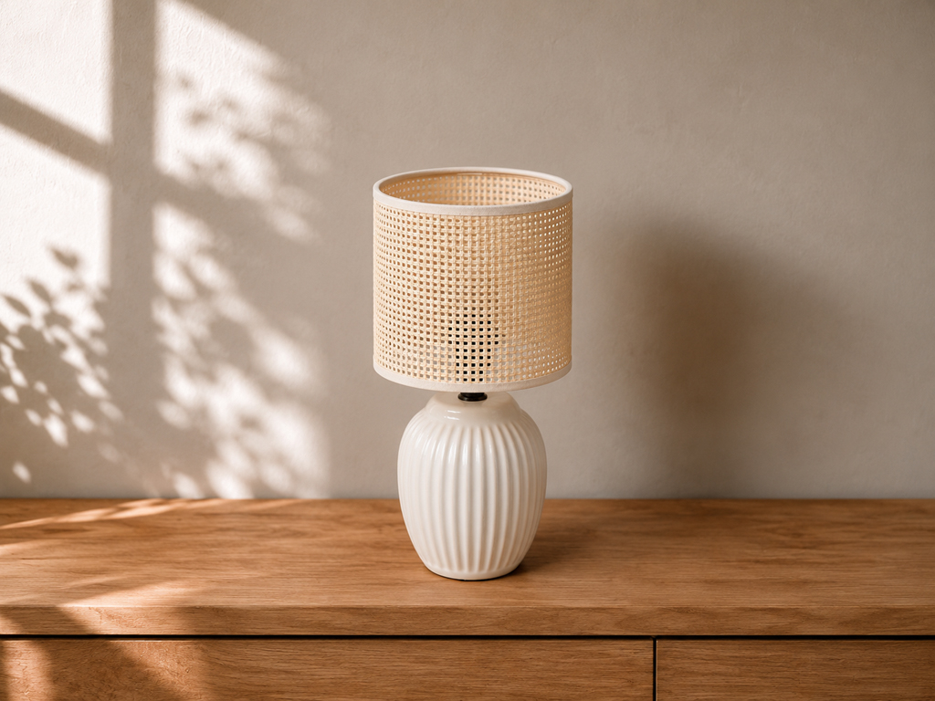 LAMPARA SOBREMESA BLANCO RAYAS 14x14x28CM