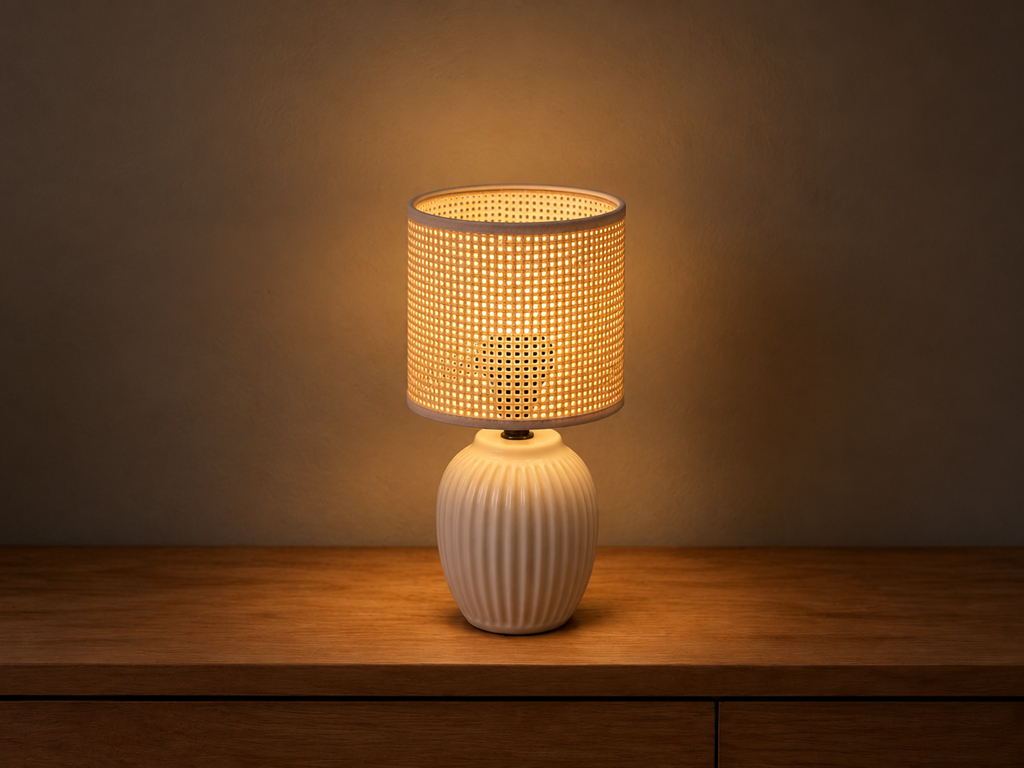 LAMPARA SOBREMESA BLANCO RAYAS 14x14x28CM