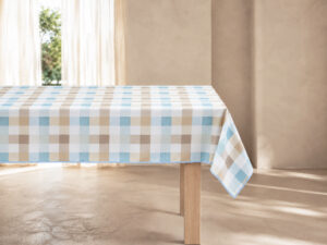 MANTEL ANTIMANCHAS 140X320 CUADROS CELESTE
