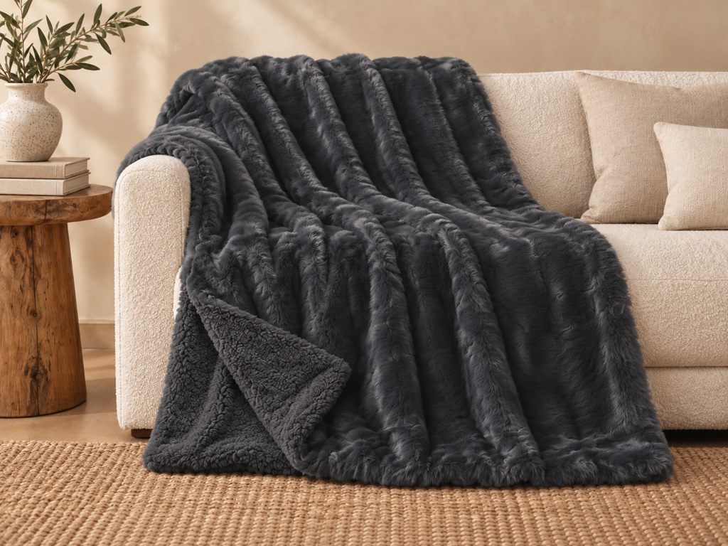 PLAID RABBIT FUR SHERPA ANTRACITA 160X220