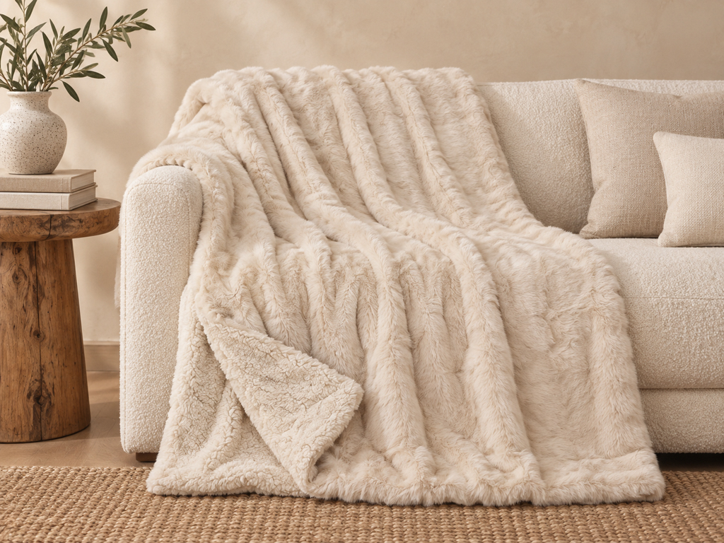 PLAID RABBIT FUR SHERPA CREMA 160X220