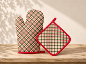 GUANTE Y MANOPLA COCINA CUADROS BEIGE
