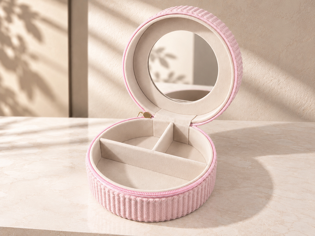 JOYERO MINI REDONDO TERCIOPELO ROSA